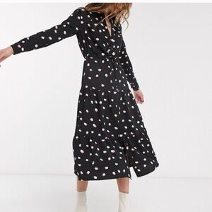 Topshop Black Maxi Dress with Pink Polka Dot Print and Tie Waist